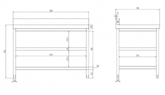 RST work surface with shelves + rear edge 1500mm