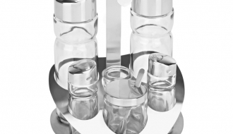 Menage - 6-teilig im Ständer - Essig & Öl, Salz & Pfeffer, Senfglas & Zahnstocherglas