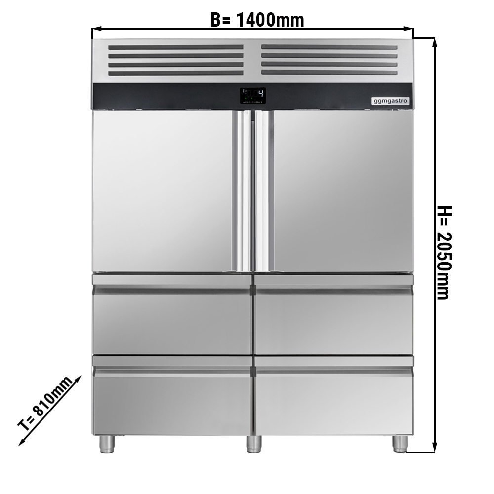 Kühlschrank - 1,4 x 0,81 m - mit 2 Edelstahlhalbtüren & 4 Schubladen 1/2