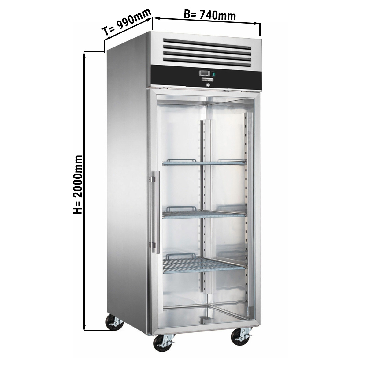 Bäckereitiefkühlschrank PREMIUM - 0,74 x 0,97 m - mit 1 Glastür, Schienen & Tragrosten