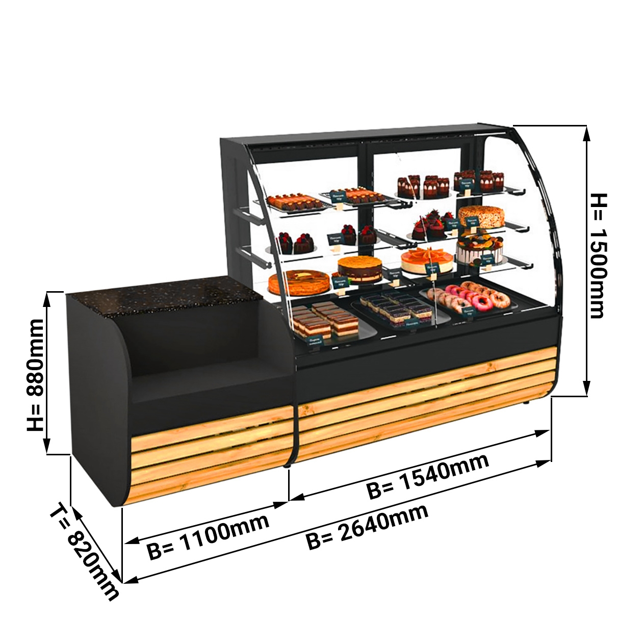 Kuchenvitrine - 1,54 x 0,82 m - mit 3 Glasablagen - inkl. Kassentisch - 1,1 m