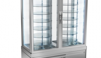Panoramic display cabinet with 14 rotating glass shelves