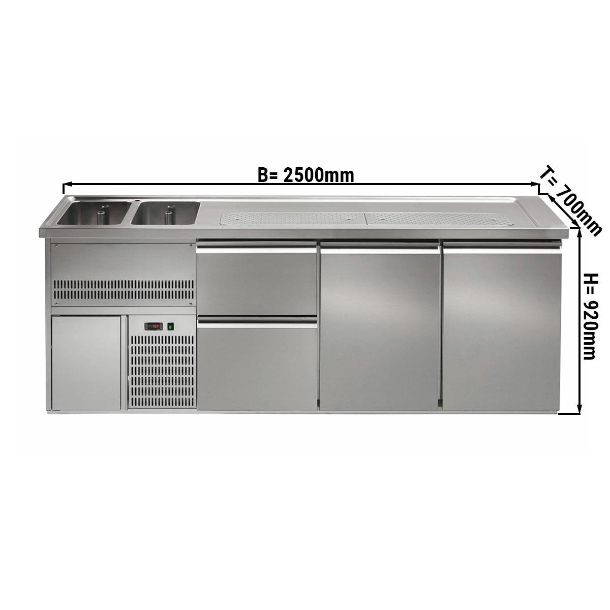 Beer counter 2,5 x 0,7 m - with 2 doors and 2 drawers 2/5+3/5
