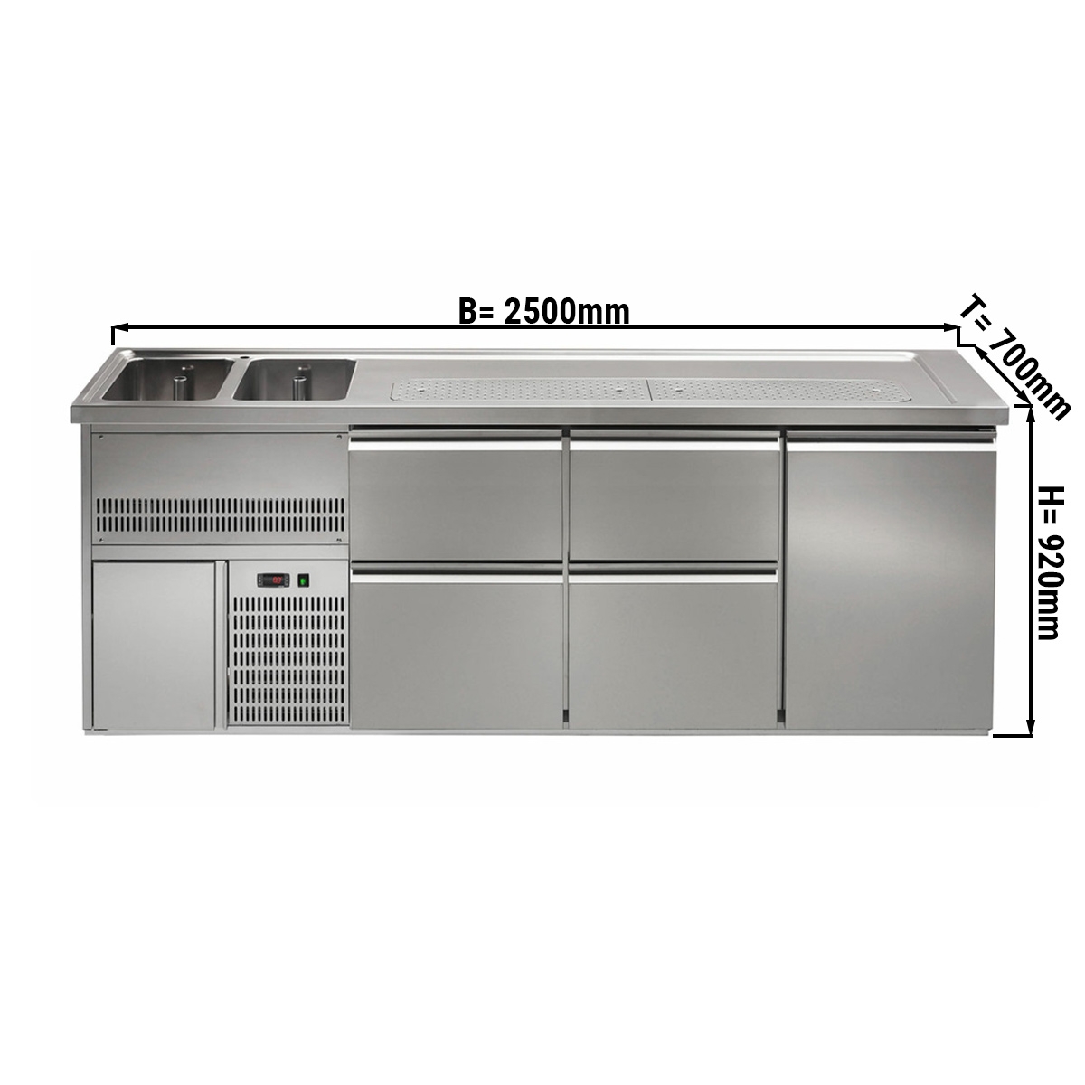 Beer counter 2,5 x 0,7 m - with 1 door and 4 drawers 2/5+3/5