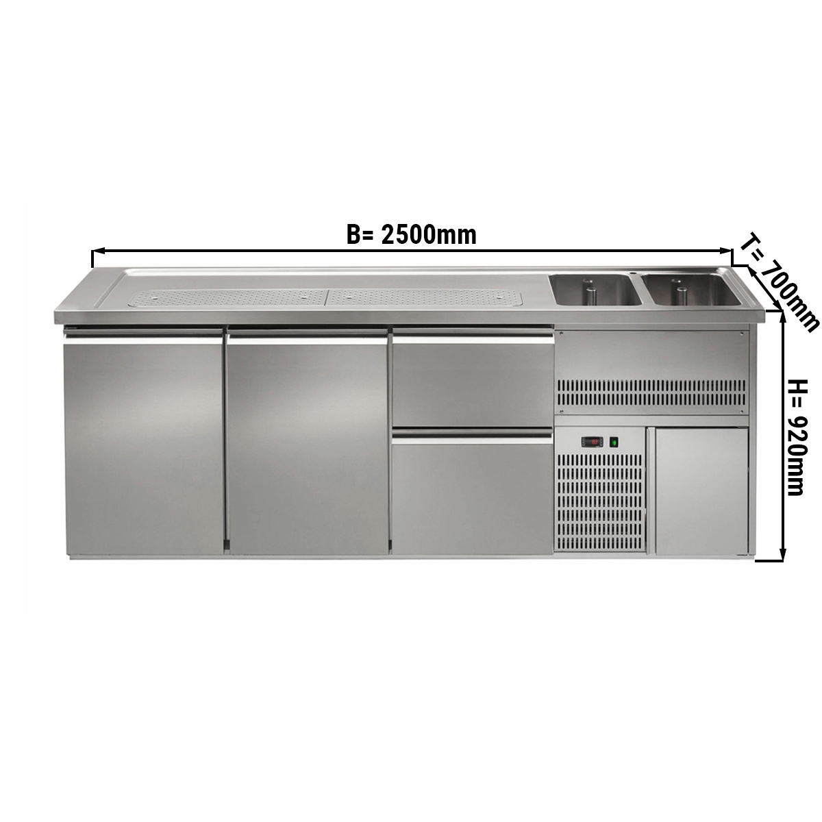 Beer counter 2,5 x 0,7 m - with 2 doors and 2 drawers 2/5+3/5