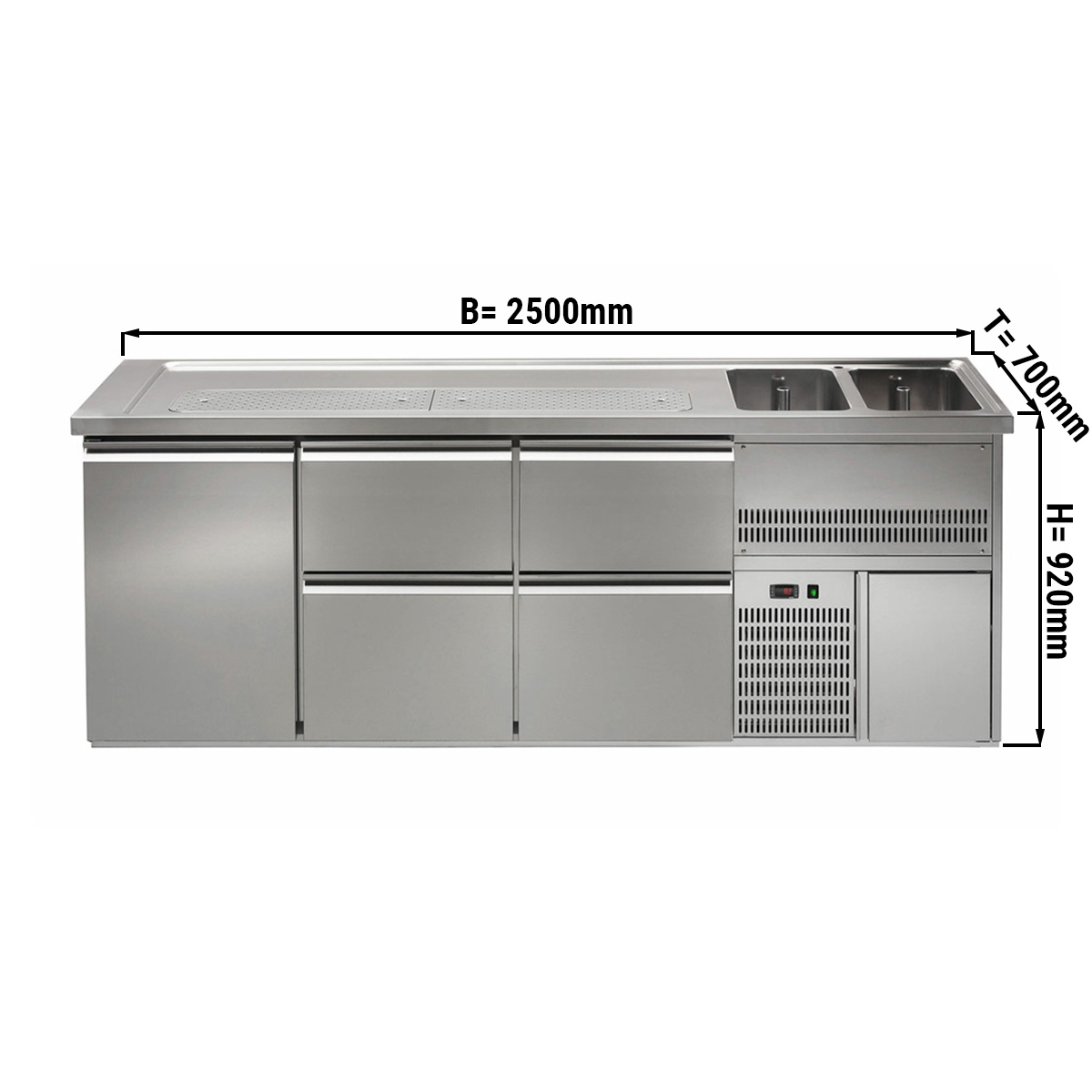 Beer counter 2,5 x 0,7 m - with 1 door and 4 drawers 2/5+3/5