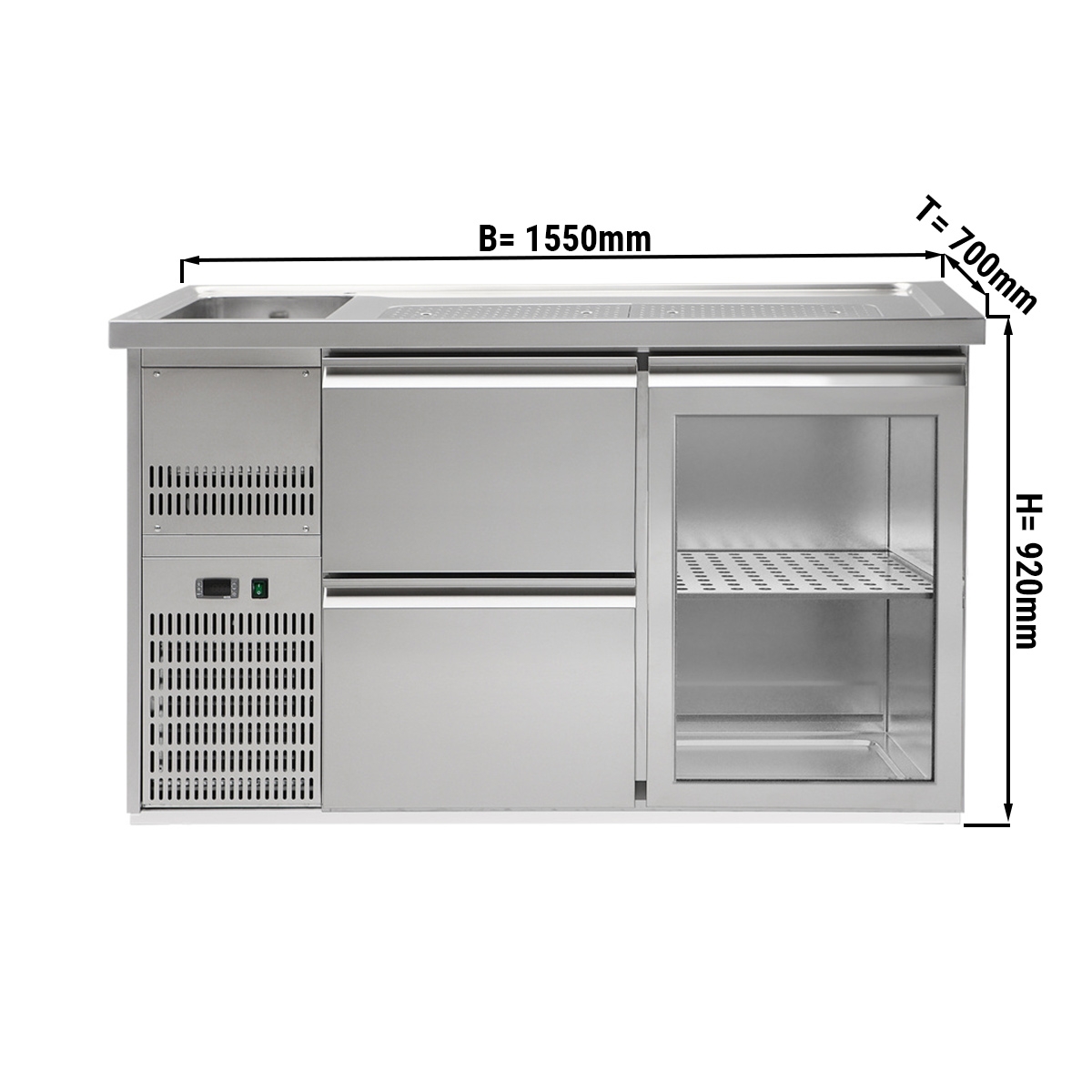 Beer counter 1.5 x 0.7 m - with 1 glass door and 2 drawers 1/2 + 1/2