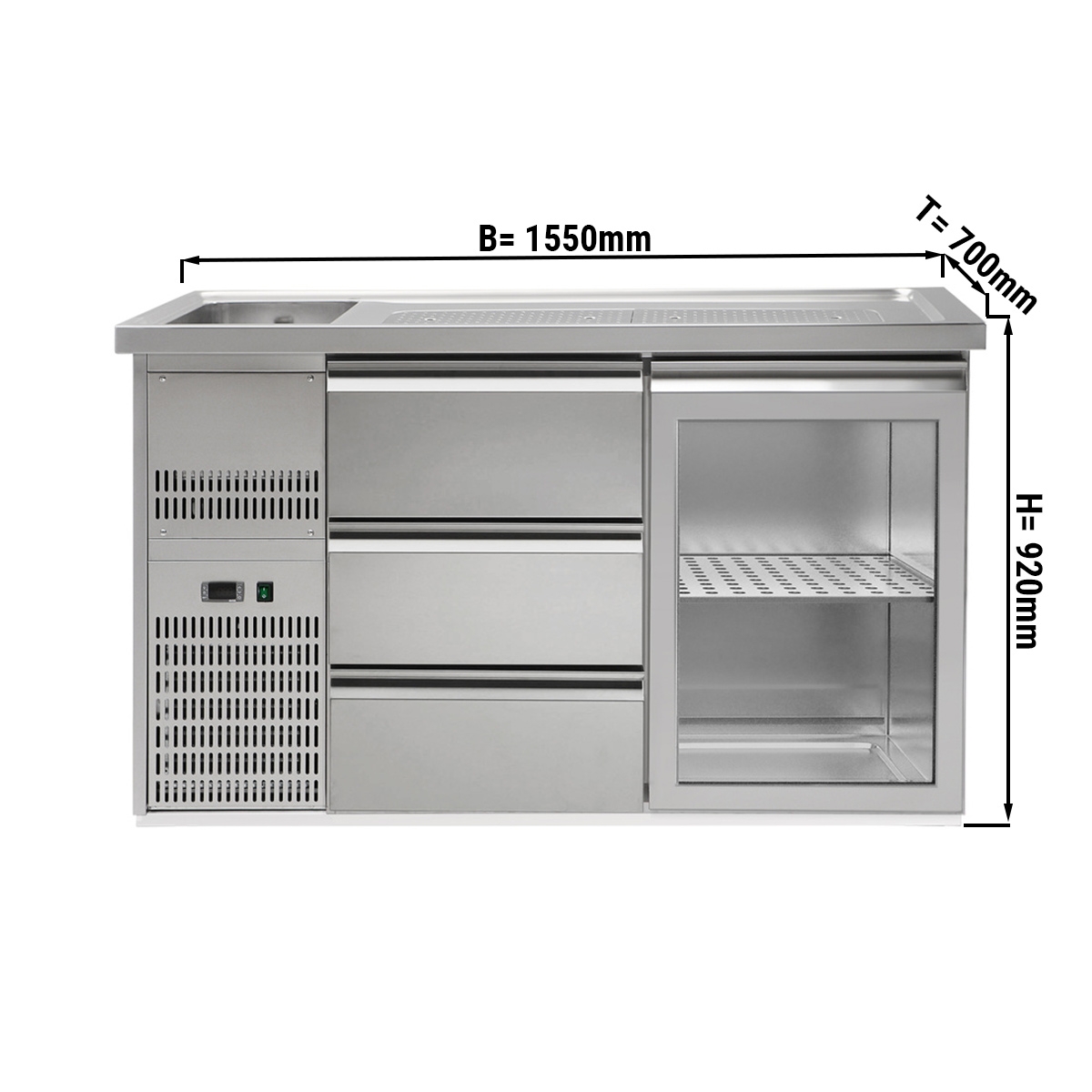 Beer counter 1.5 x 0.7 m - with 1 glass door and 3 drawers 1/3 + 1/3 + 1/3