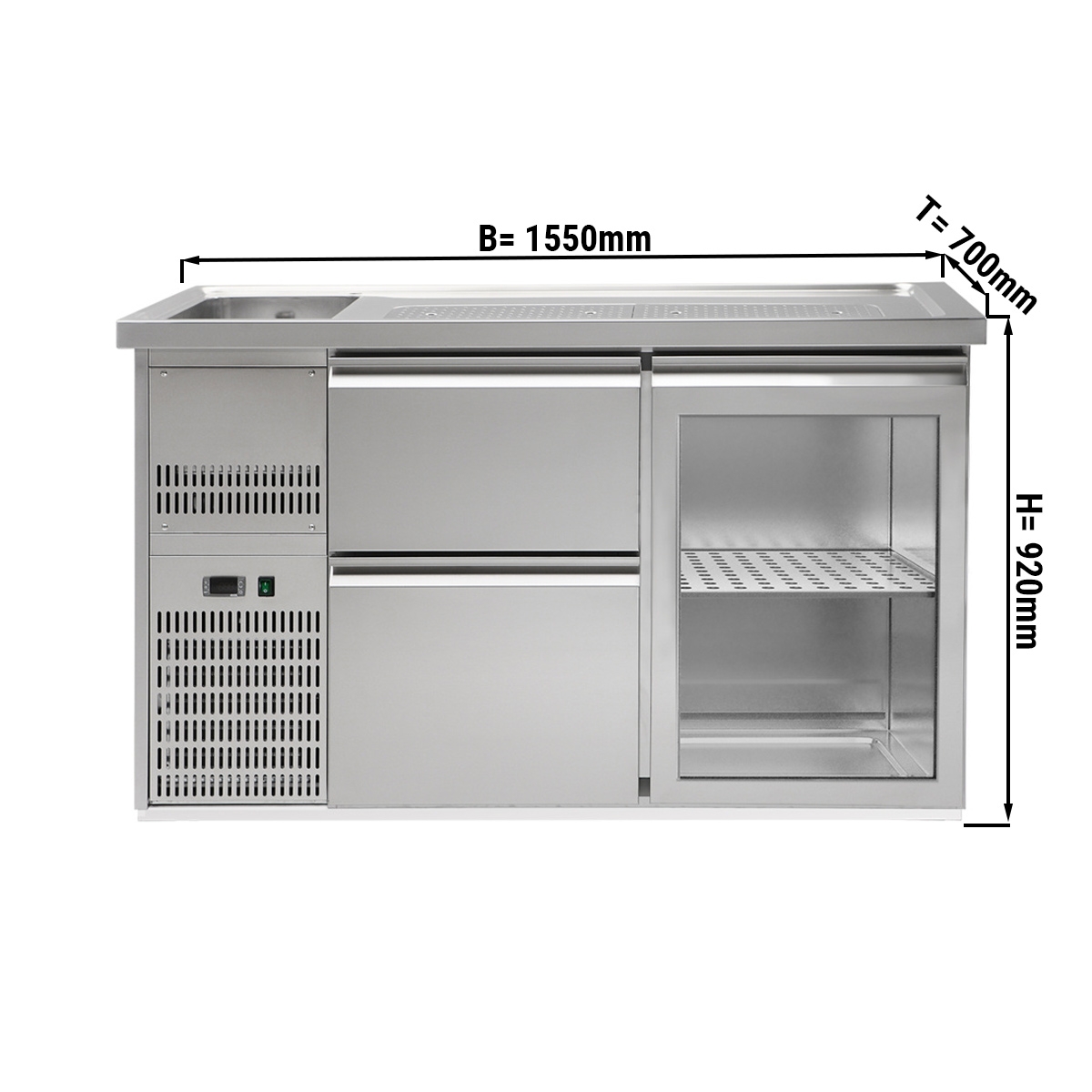Beer counter 1.5 x 0.7 m - with 1 glass door and 2 drawers 2/5 + 3/5