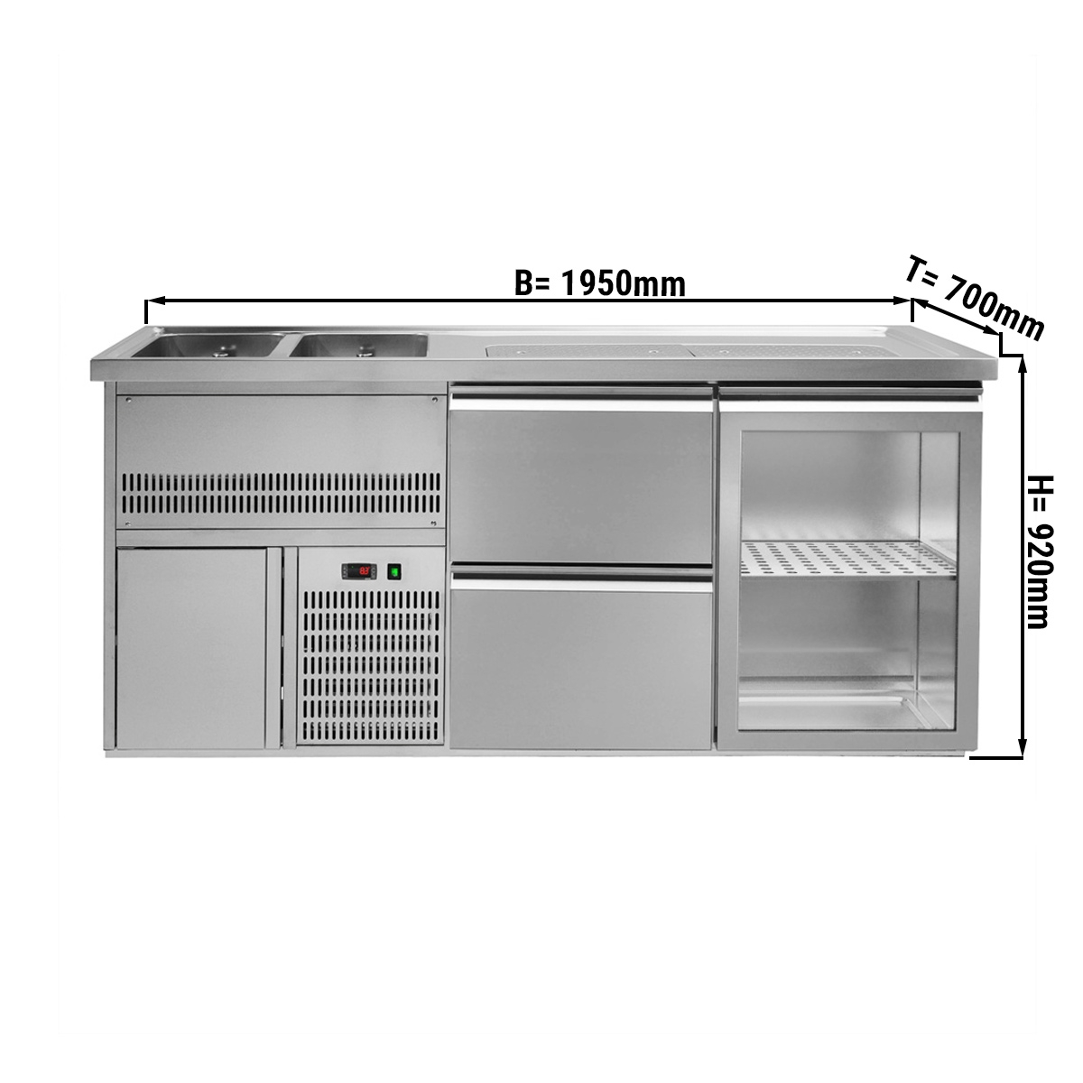 Beer counter 1.95 x 0.7 m - with 1 glass door and 2 drawers 1/2 + 1/2
