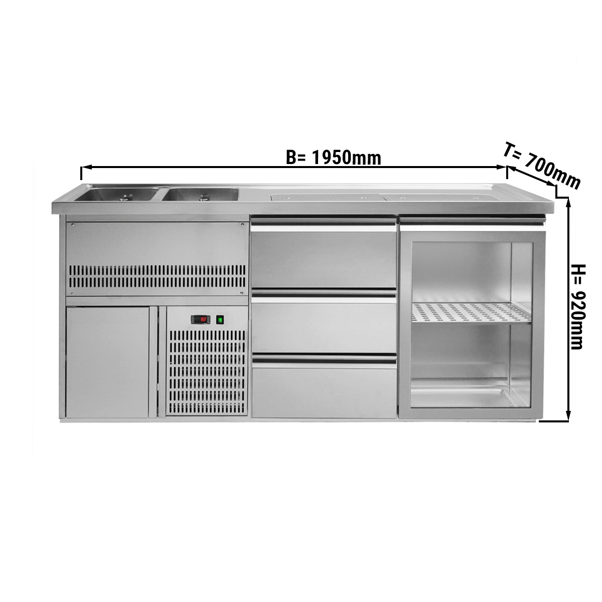 Beer counter 1.95 x 0.7 m - with 1 glass door and 3 drawers 1/3 + 1/3 + 1/3