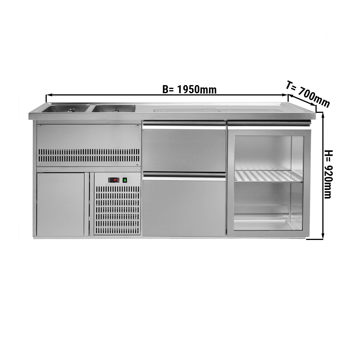 Beer counter 1.95 x 0.7 m - with 1 glass door and 2 drawers 2/5 + 3/5