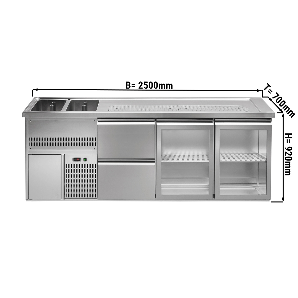 Beer counter 2.5 x 0.7 m - with 2 glass doors and 2 drawers 1/2 + 1/2
