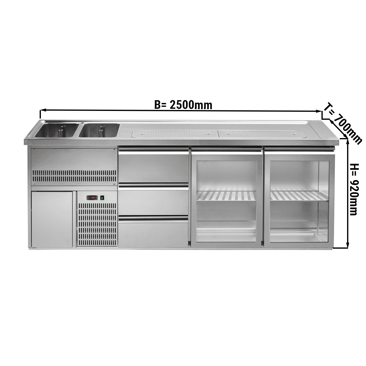 Beer counter 2.5 x 0.7 m - with 2 glass doors and 3 drawers 1/3 + 1/3 + 1/3
