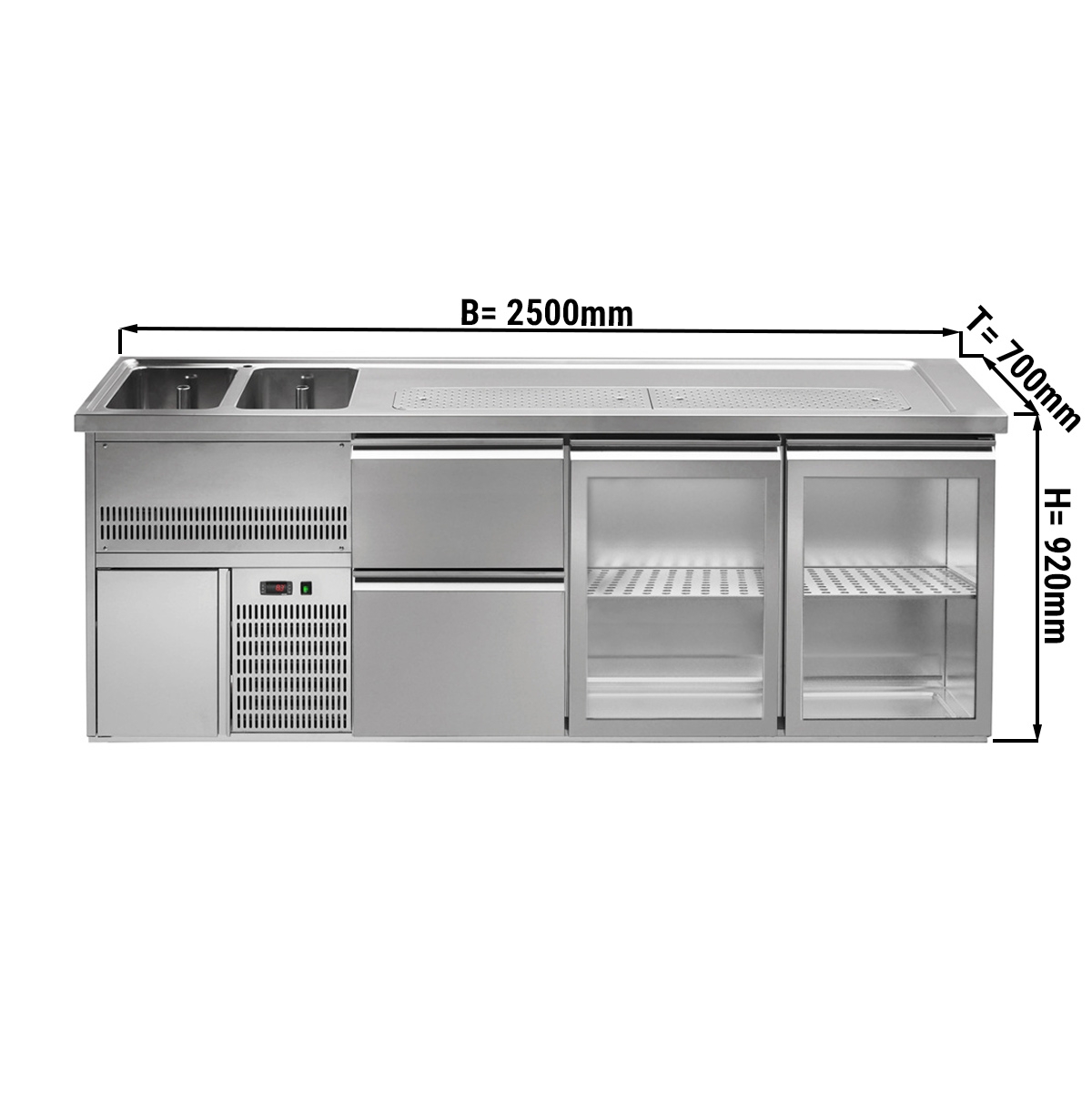 Beer counter 2.5 x 0.7 m - with 2 glass doors and 2 drawers 2/5 + 3/5