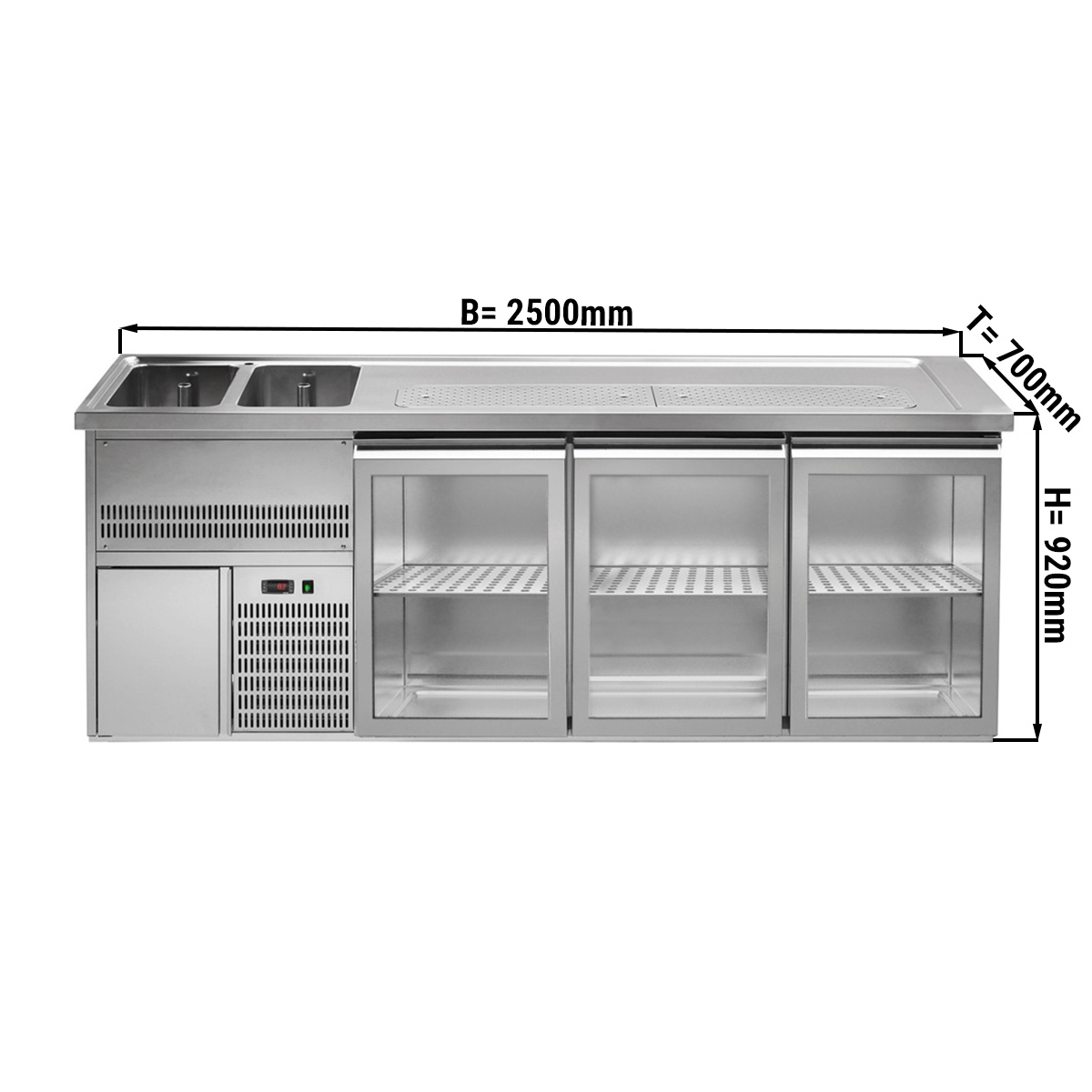 Beer counter 2.5 x 0.7 m - with 3 glass doors