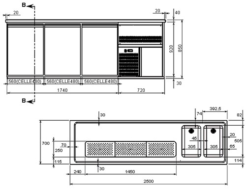 Beer counter 2.5 x 0.7 m - with 1 glass door and 4 drawers 1/2 + 1/2