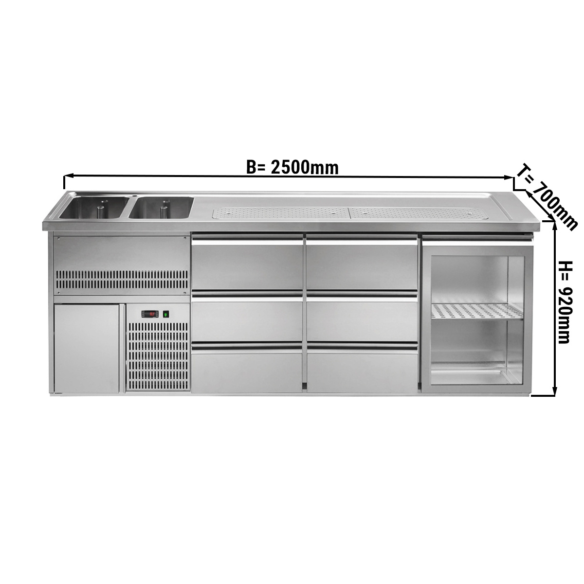 Beer counter 2.5 x 0.7 m - with 1 glass door and 6 drawers 1/3 + 1/3 + 1/3