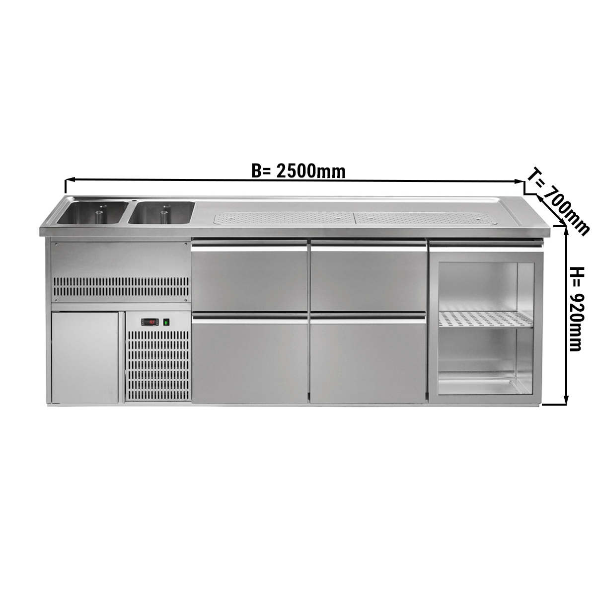 Beer counter 2.5 x 0.7 m - with 1 glass door and 4 drawers 2/5 + 3/5