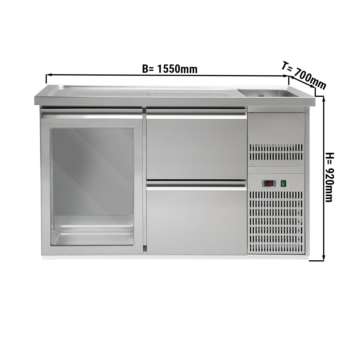 Beer counter 1.5 x 0.7 m - with 1 glass door and 2 drawers 1/2 + 1/2