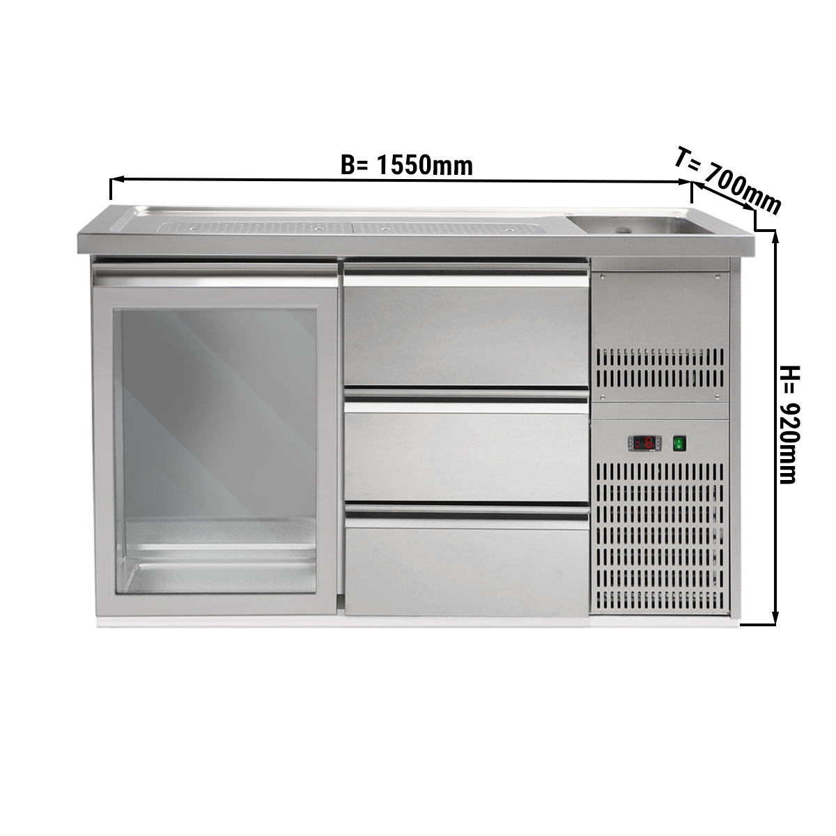 Beer counter 1.5 x 0.7 m - with 1 glass door and 3 drawers 1/3 + 1/3 + 1/3