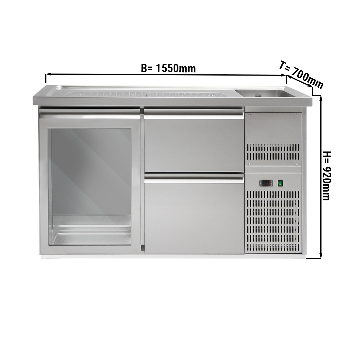 Beer counter 1.5 x 0.7 m - with 1 glass door and 2 drawers 2/5 + 3/5