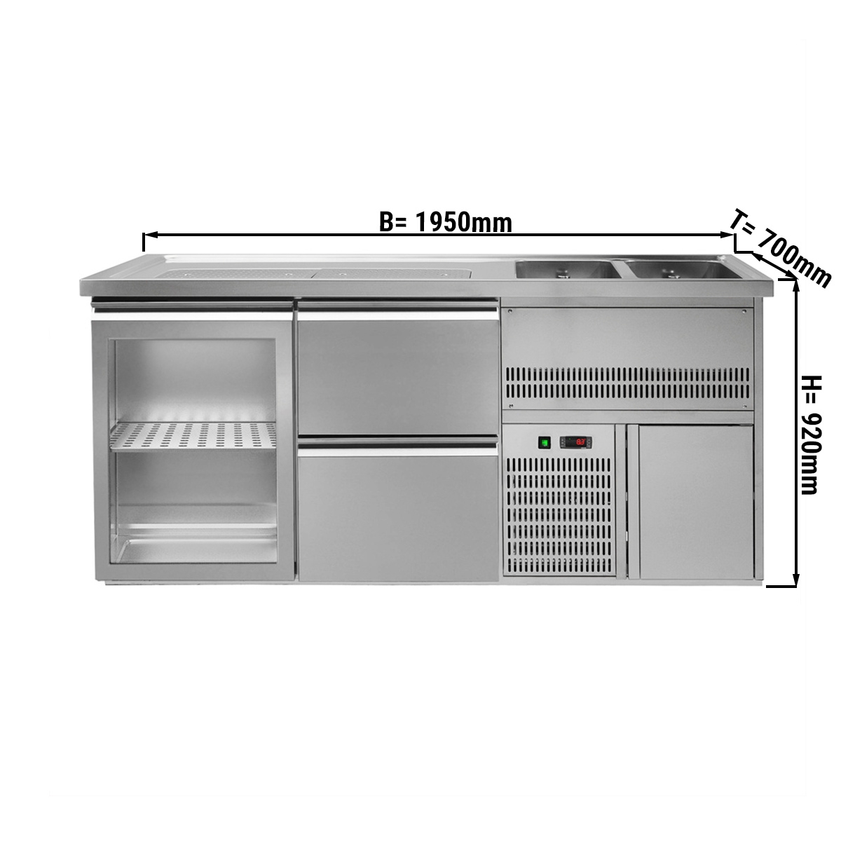 Beer counter 1.95 x 0.7 m - with 1 glass door and 2 drawers 1/2 + 1/2