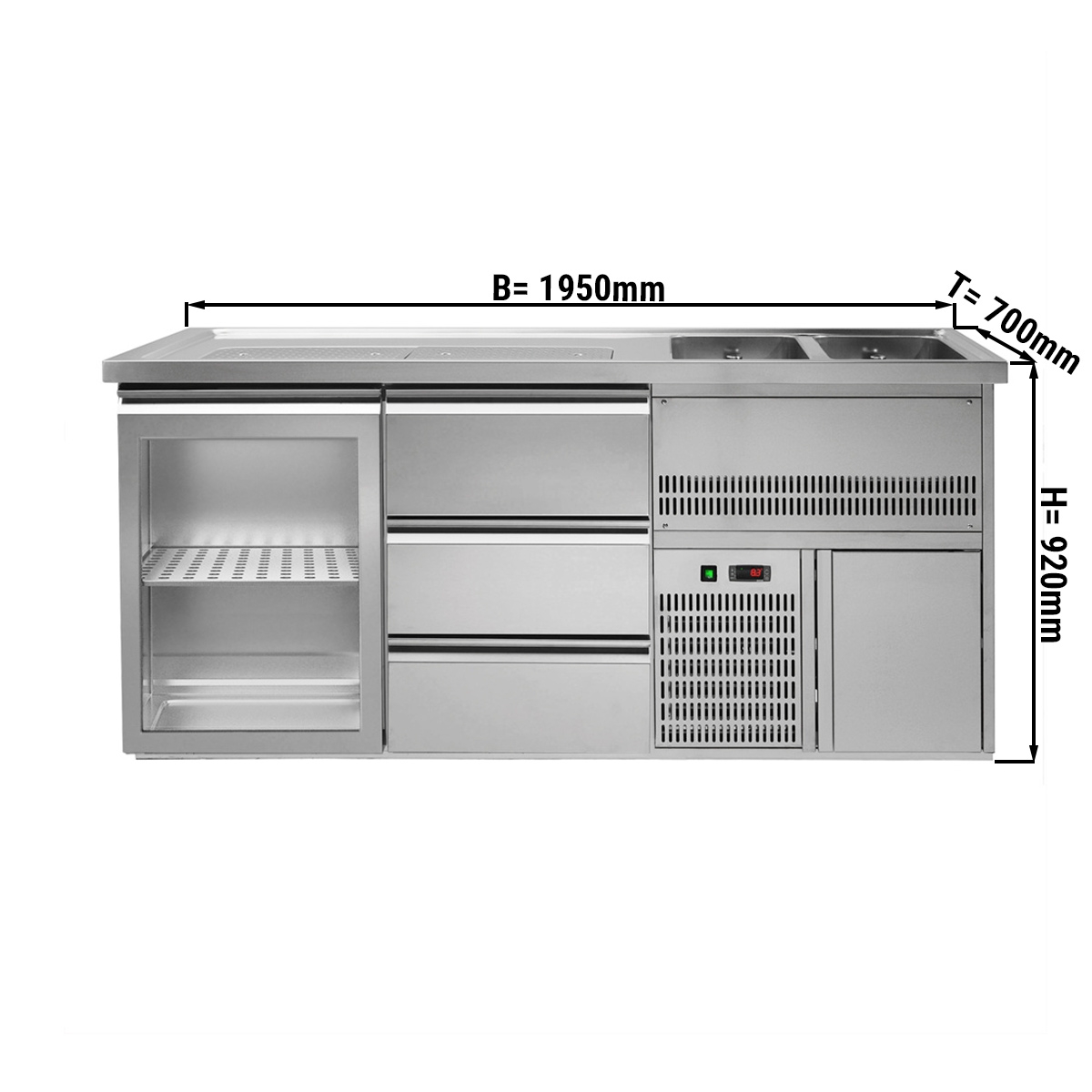 Beer counter 1.95 x 0.7 m - with 1 glass door and 3 drawers 1/3 + 1/3 + 1/3
