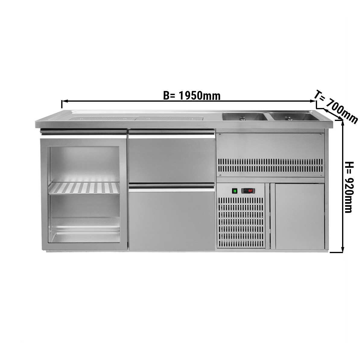 Beer counter 1.95 x 0.7 m - with 1 glass door and 2 drawers 2/5 + 3/5