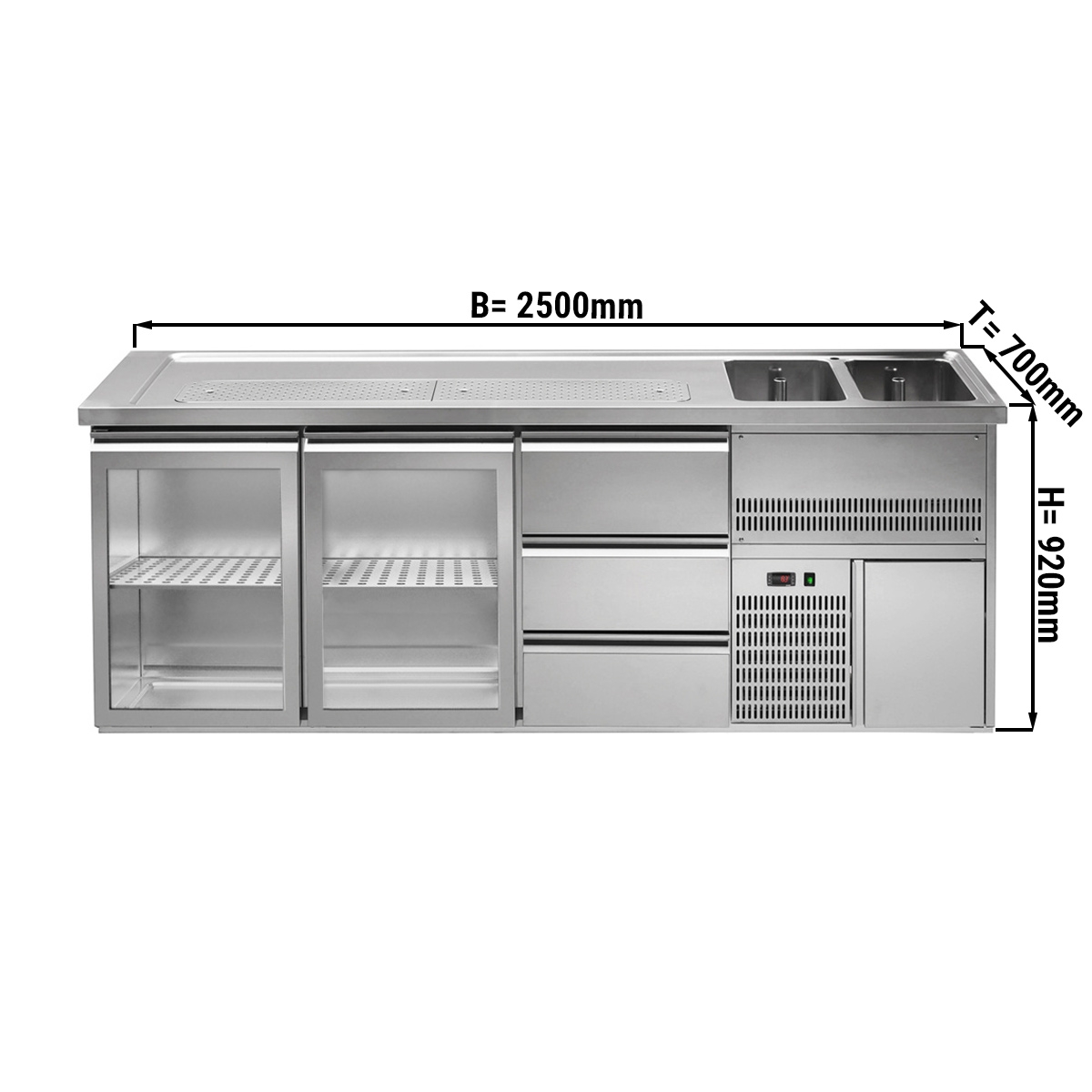 Beer counter 2.5 x 0.7 m - with 2 glass doors and 3 drawers 1/3 + 1/3 + 1/3