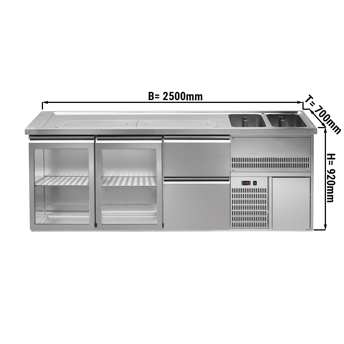 Beer counter 2.5 x 0.7 m - with 2 glass doors and 2 drawers 2/5 + 3/5