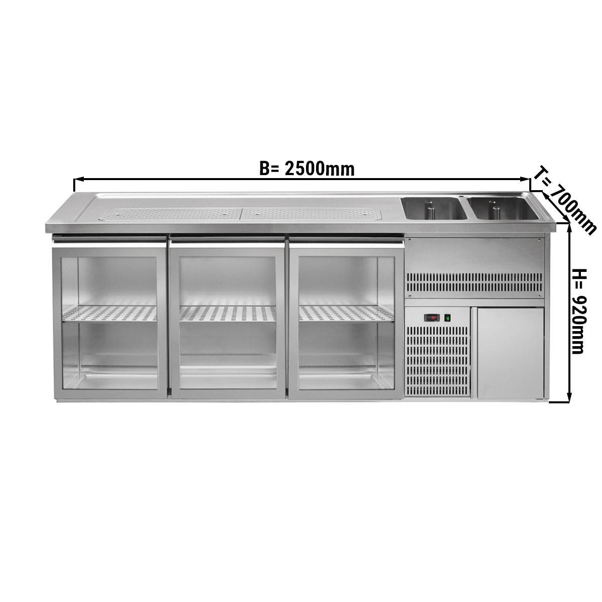 Beer counter 2.5 x 0.7 m - with 3 glass doors