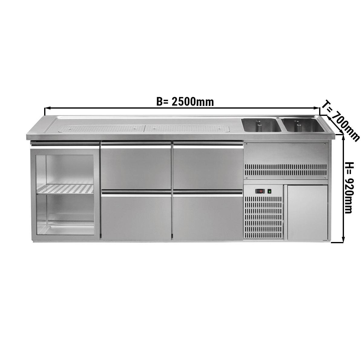 Beer counter 2.5 x 0.7 m - with 1 glass door and 4 drawers 1/2 + 1/2
