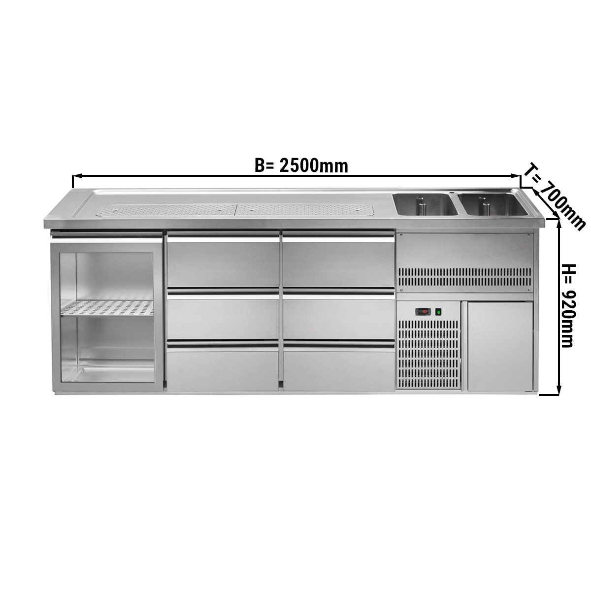 Beer counter 2.5 x 0.7 m - with 1 glass door and 6 drawers 1/3 + 1/3 + 1/3