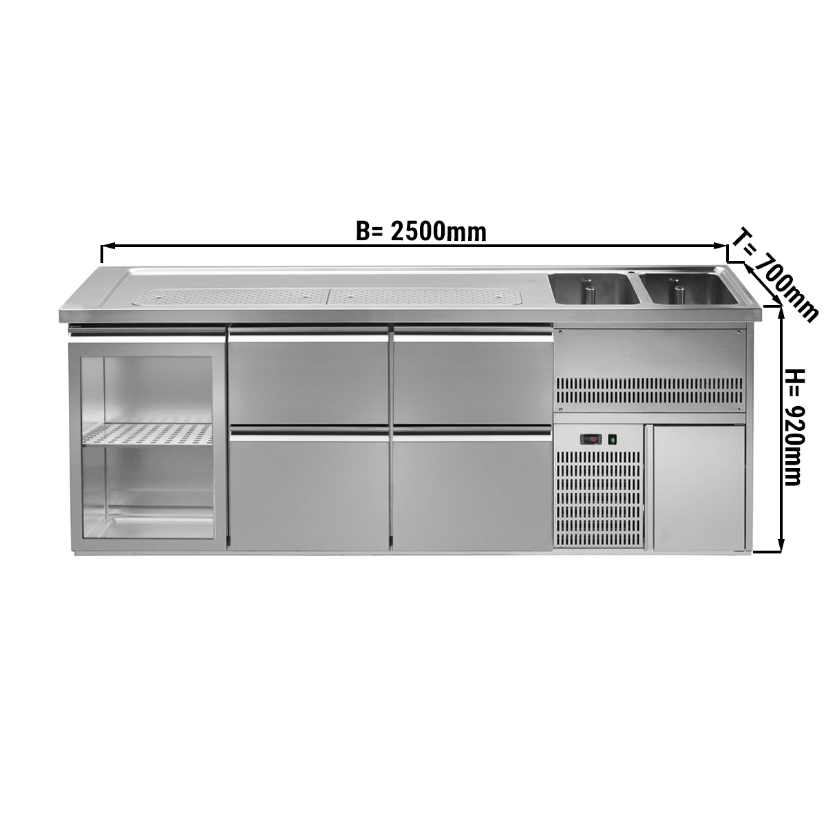 Beer counter 2.5 x 0.7 m - with 1 glass door and 4 drawers 2/5 + 3/5