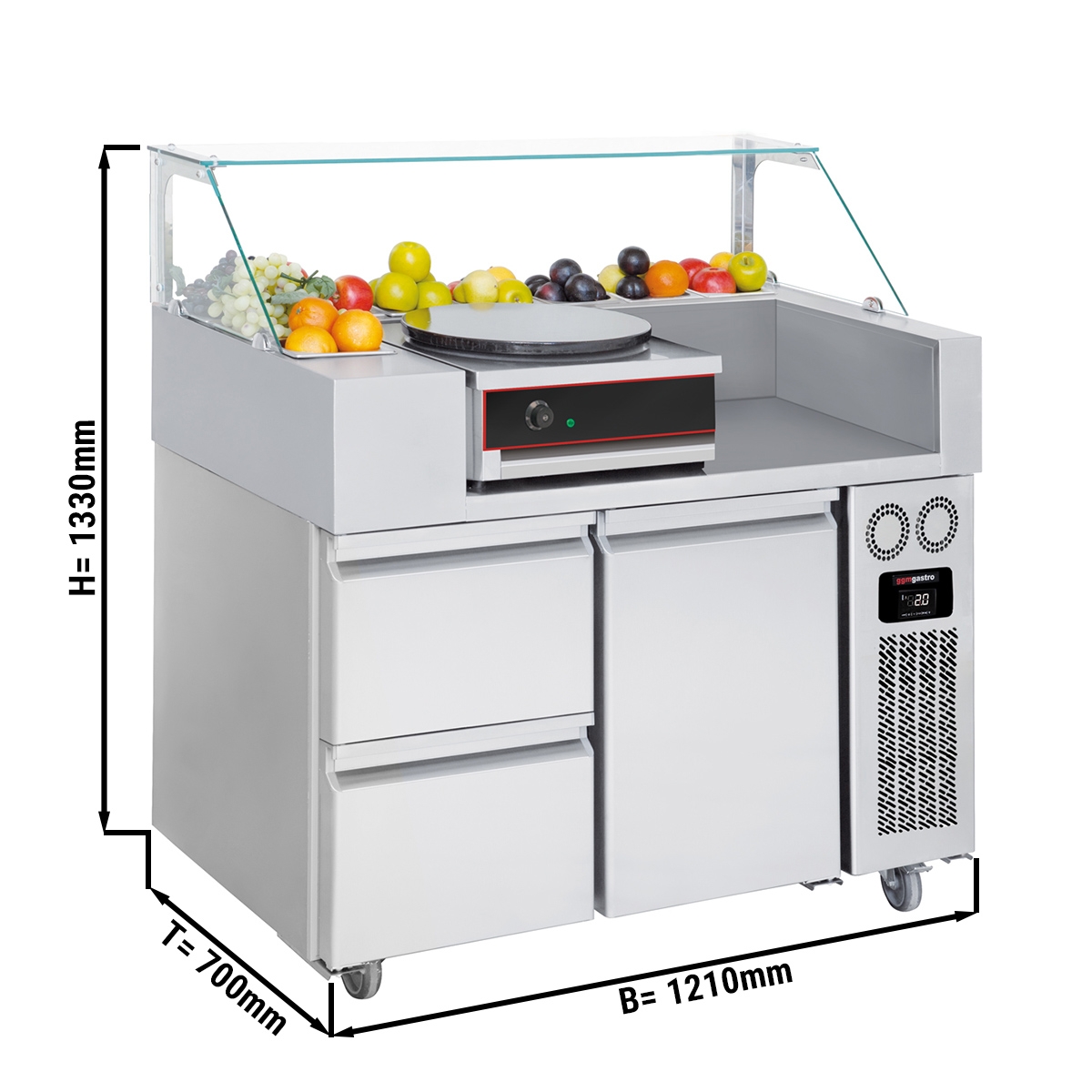 Zubereitungstisch - 1,21 x 0,7 m - mit 1 Tür & 2 Schubladen 1/2 - inkl. Crepes Gerät mit 1 Platte
