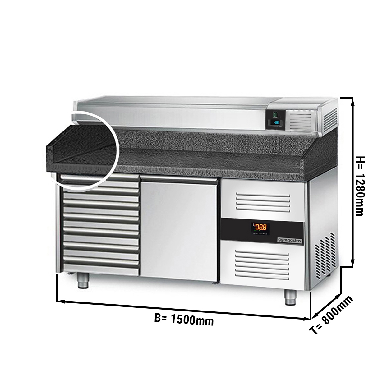 Refrigerated pizza table PREMIUM 1,5 x 0,8 m - with 1 door and 7 neutral drawers