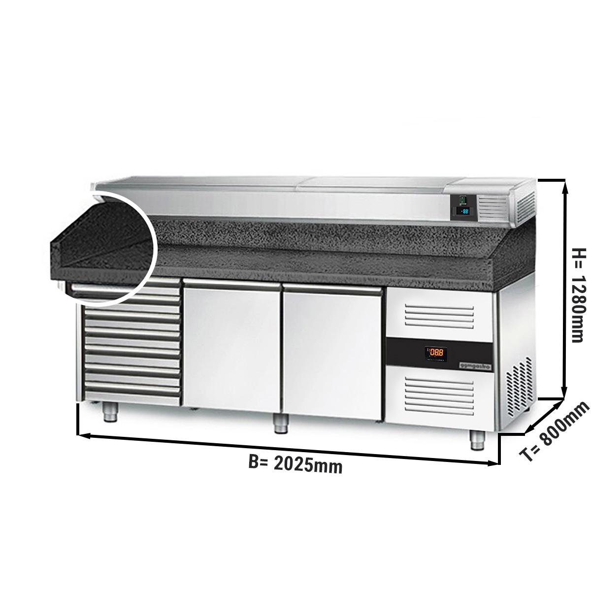 Refrigerated pizza table PREMIUM 2,0 x 0,8 m - with 2 door and 7 neutral drawers
