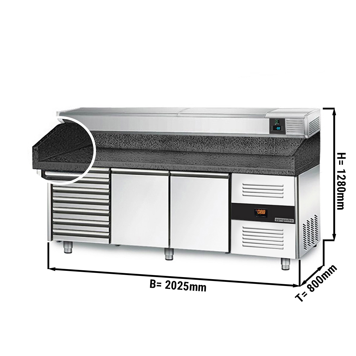 Refrigerated pizza table PREMIUM 2,0 x 0,8 m - with 2 door and 7 neutral drawers