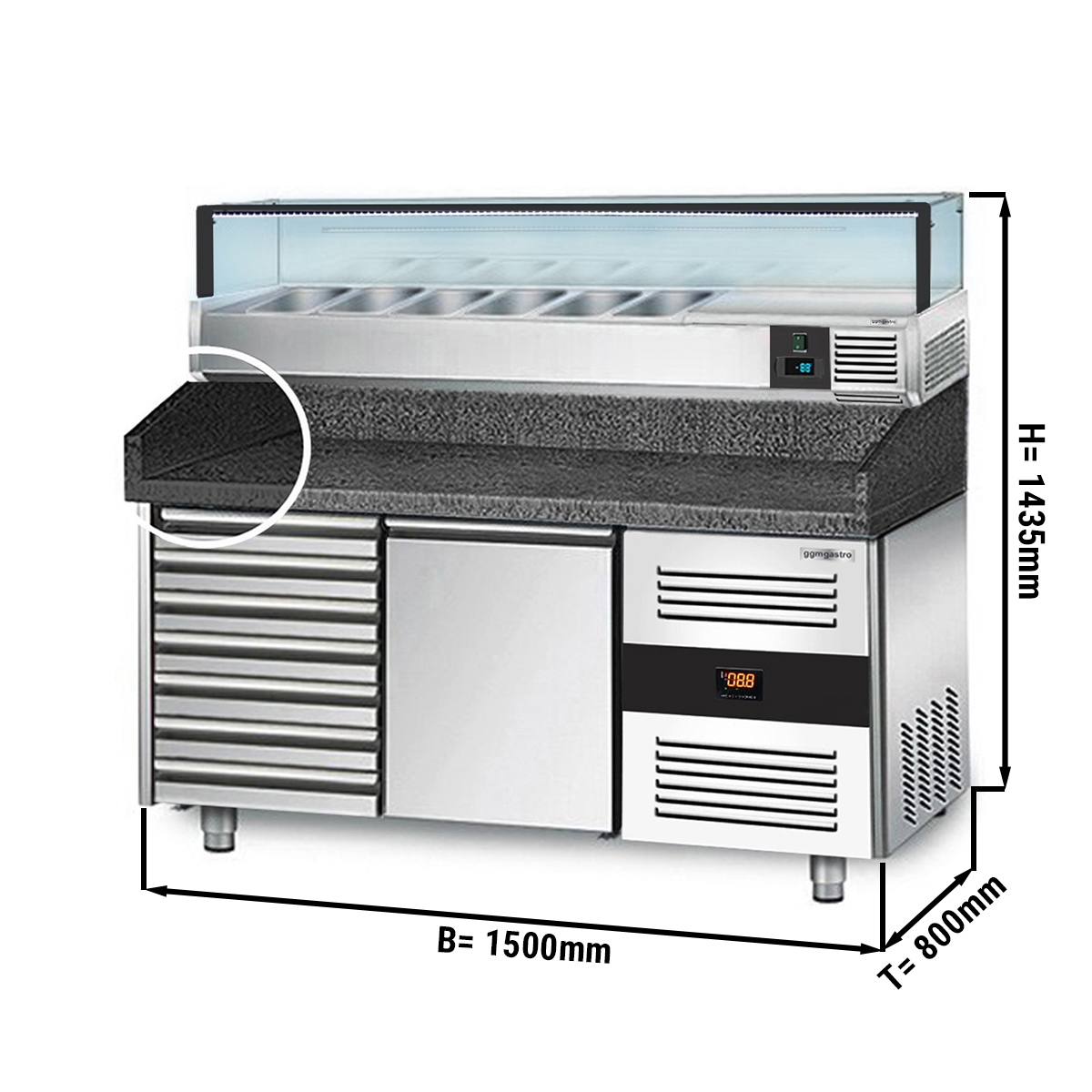 Refrigerated pizza table PREMIUM 1,5 x 0,8 m - with 1 door and 7 neutral drawers