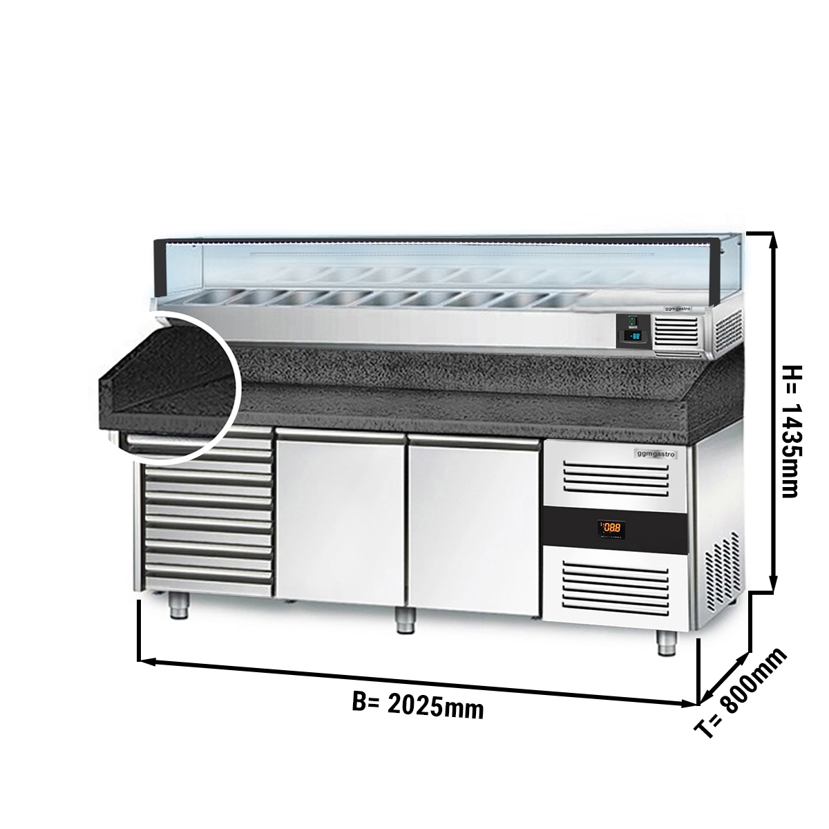 Refrigerated pizza table PREMIUM 2,0 x 0,8 m - with 2 door and 7 neutral drawers