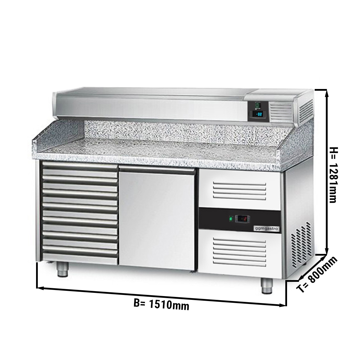 Refrigerated pizza table PREMIUM 1,5 x 0,8 m - with 1 door and 7 neutral drawers