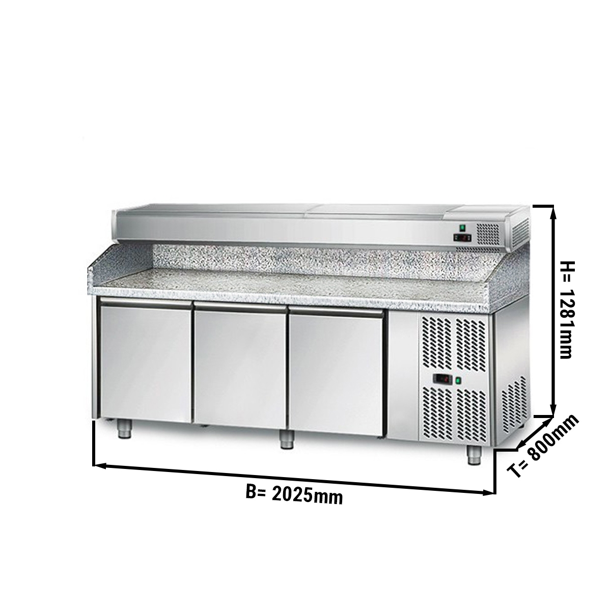 Pizza preparation refrigerator ECO 2,0 x 0,8 m - with 3 doors & granite top