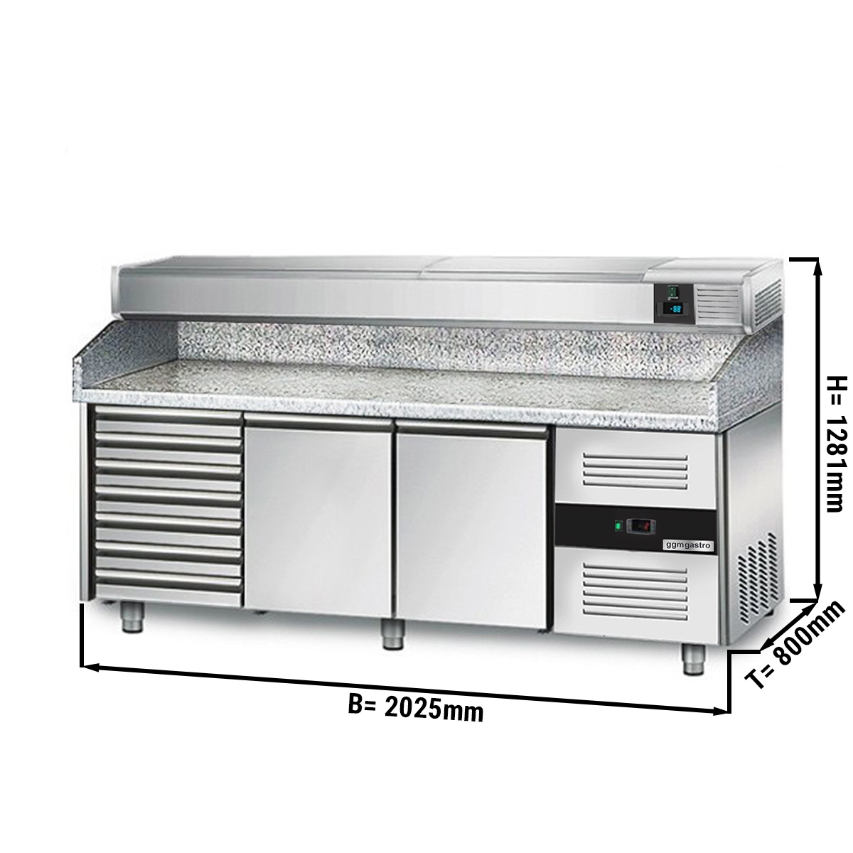 Refrigerated pizza table PREMIUM 2,0 x 0,8 m - with 2 door and 7 neutral drawers