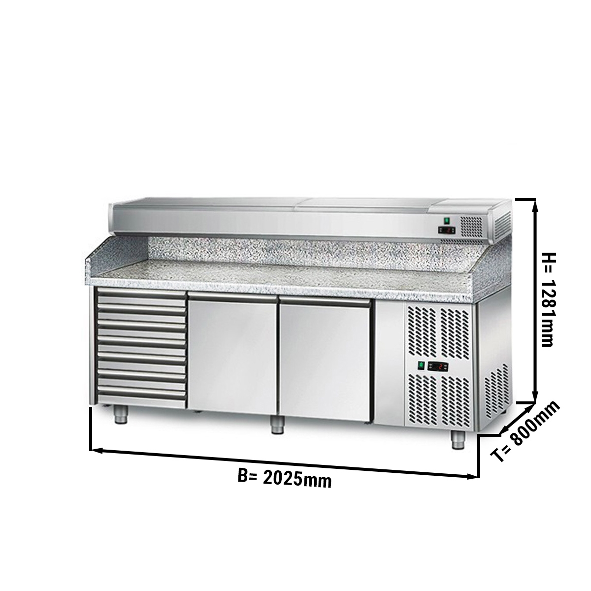 Pizza preparation refrigerator ECO 2,0 x 0,8 m - with 2 door and 7 neutral drawers, granite top