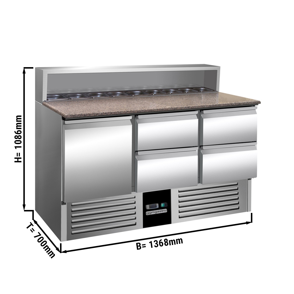 Saladette refrigerator / preparation table PREMIUM 1,37 m x 0,7 m - with 1 doors and 4 drawers 1/2
