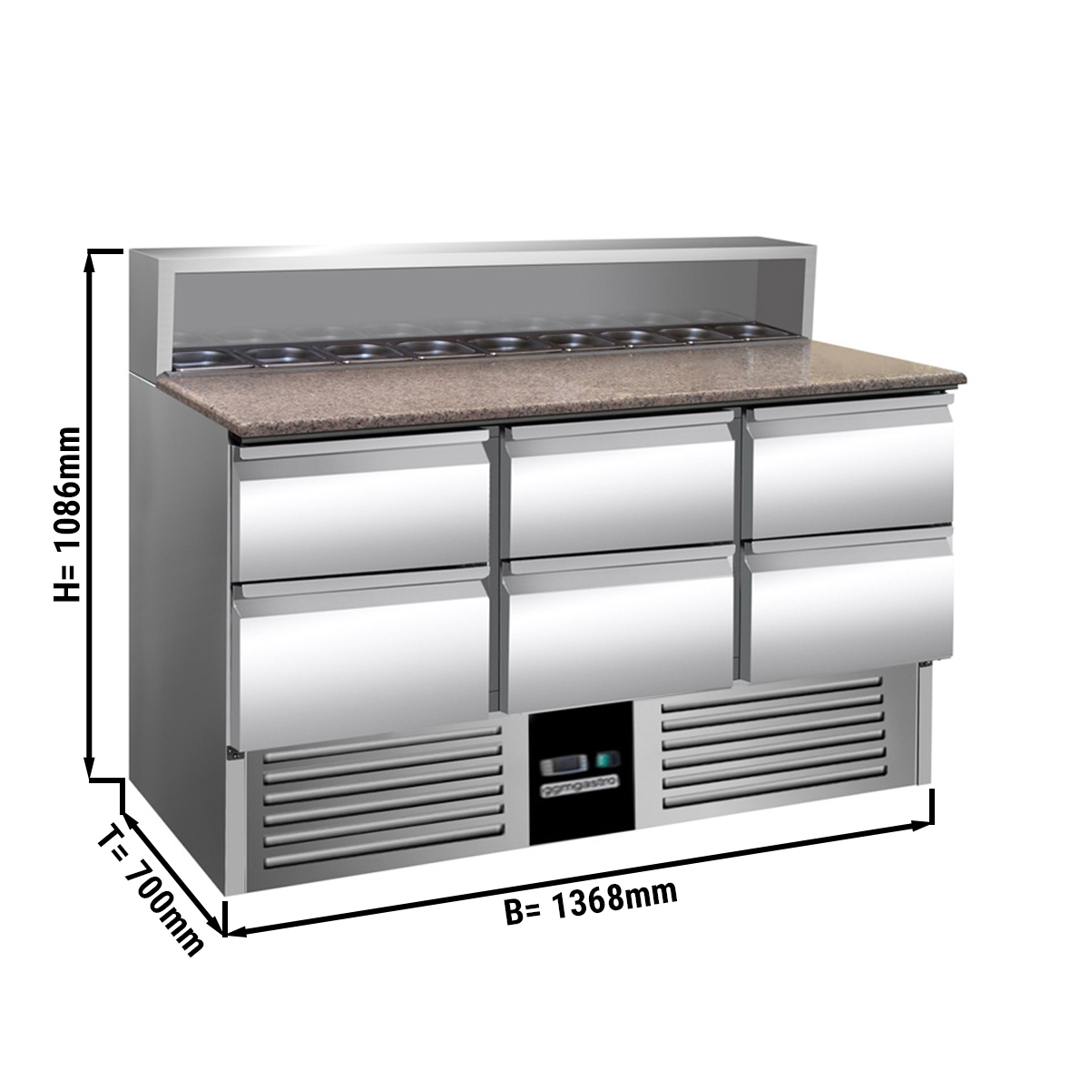 Saladette refrigerator / preparation table PREMIUM 1,37 m x 0,7 m - with 6 drawers 1/2