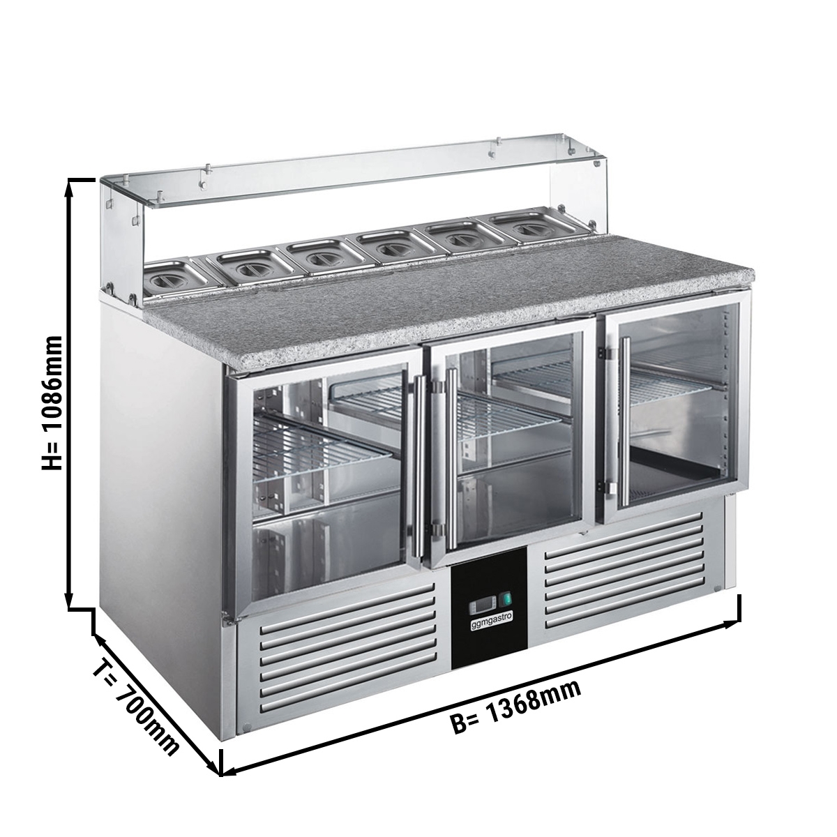 Saladette PREMIUM - 1,36 x 0,7 m - mit 3 Glastüren