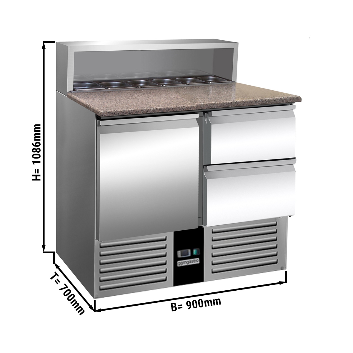 Saladette refrigerator / preparation table PREMIUM 0,9 x 0,7 m- with 1 door 2 drawers 1/2