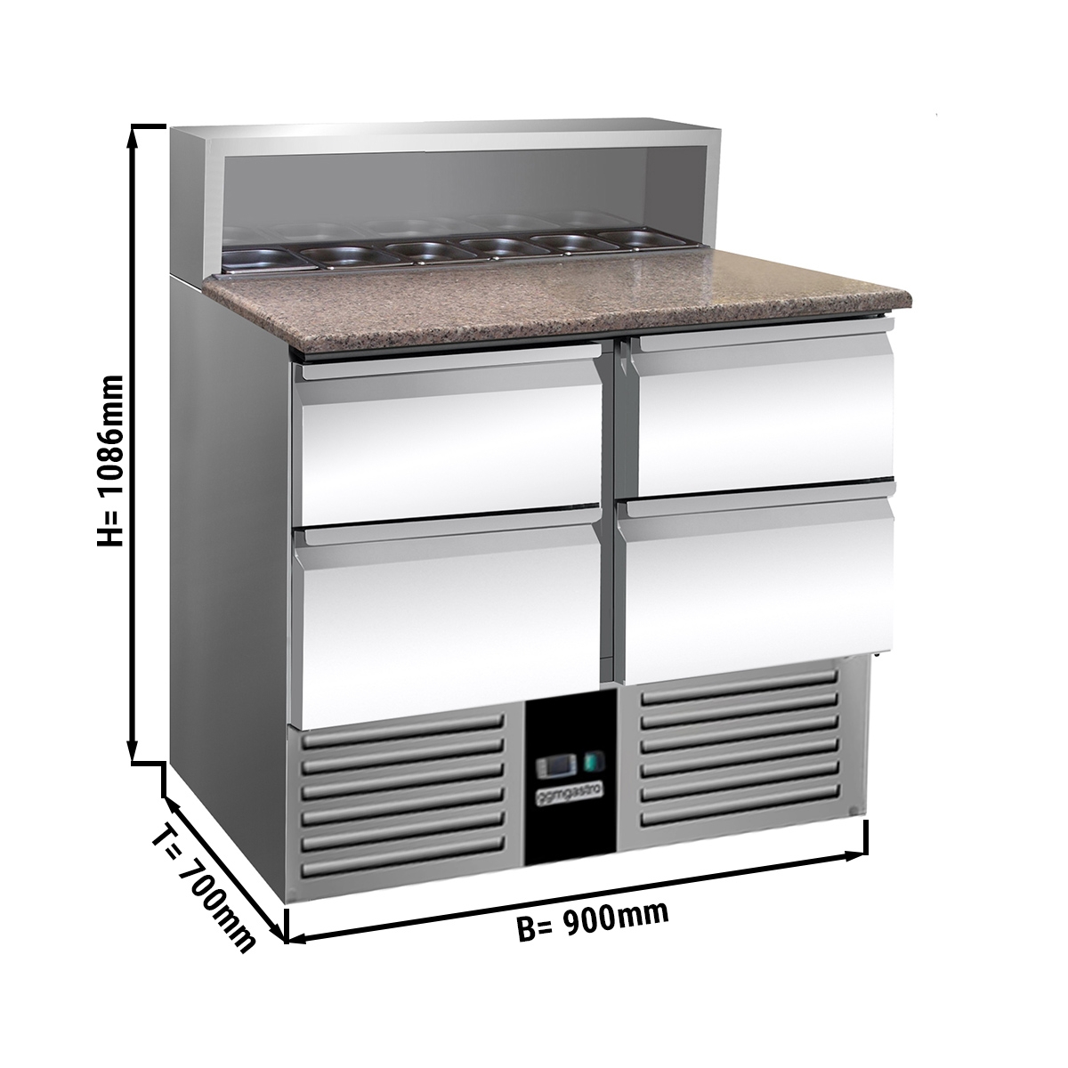 Saladette refrigerator / preparation table PREMIUM 0,9 x 0,7 m- with 4 drawers 1/2